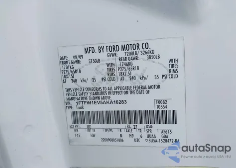 2010 Ford F-150 Fx4/Harley-Davidson/King Ranch/Lariat/Platinum/Xl/Xlt from USA, damaged, VIN 1FTFW1EV5AKA16283